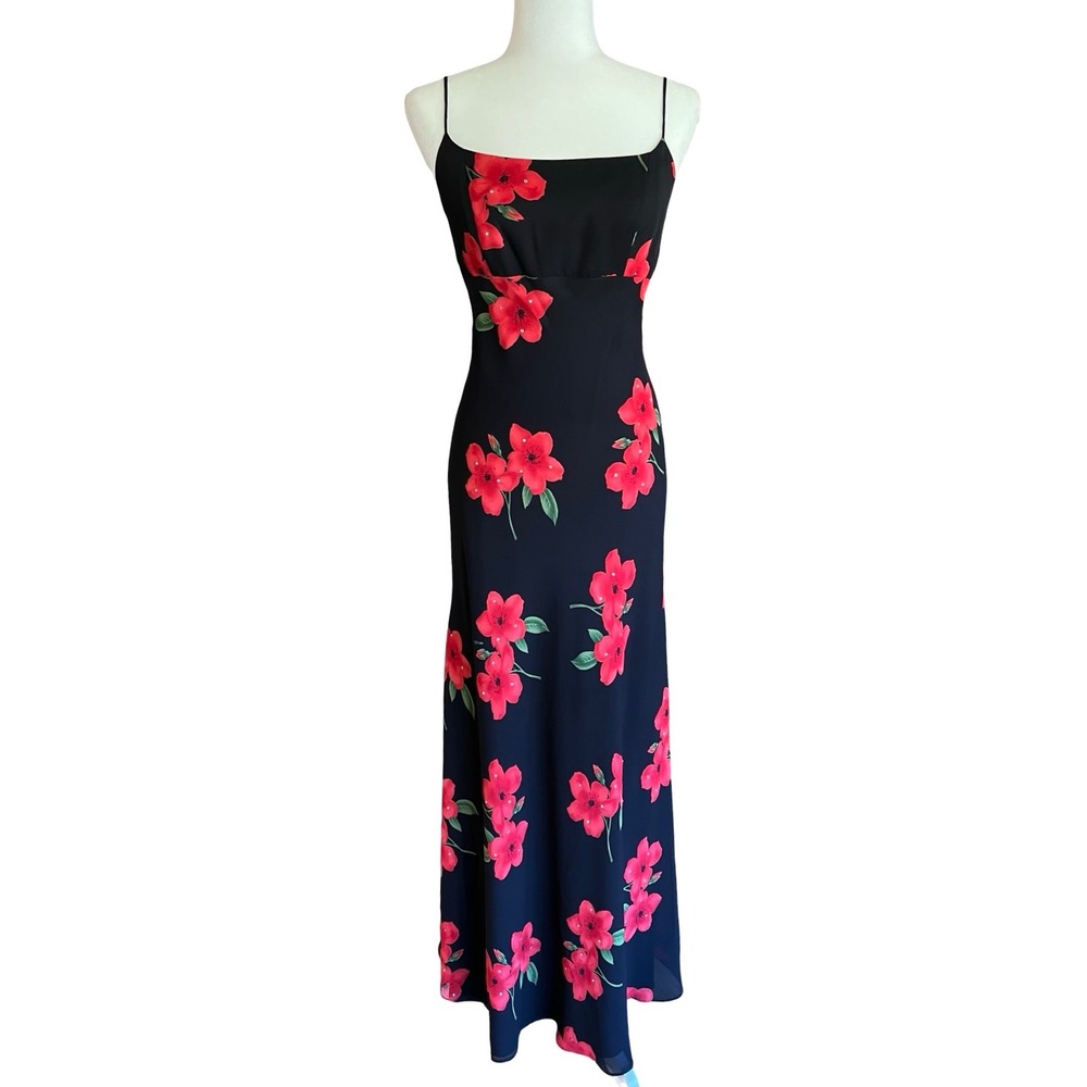 VTG 90s Betsy & Adam Black Floral Empire Waist Event Formal Maxi Dress Hong Kong